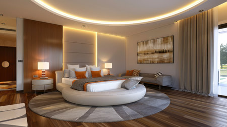 Discover a modern luxurious bedroom featuring an elegant round bed, atmospheric lighting, and stylish decor that creates a serene and cozy ambiance.の素材