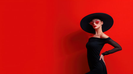 A striking fashion portrait of a woman wearing a black dress, stylish hat, and bold sunglasses, set against a vivid red backdrop, exuding confidence and elegance.の素材