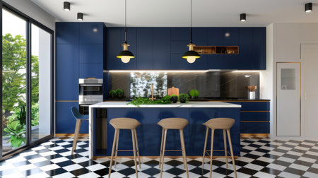 This stunning modern kitchen features a blue cabinetry design, stylish lighting fixtures, and a comfortable seating area. The checkered floor adds sophistication.の素材