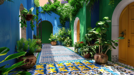 Experience a breathtaking tropical courtyard filled with vibrant greenery and colorful tiles, offering a serene escape that harmonizes nature and design.の素材