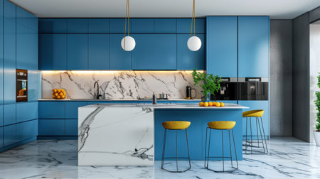 This stunning modern kitchen features vibrant blue cabinetry, elegant marble accents, and stylish seating. Perfect for contemporary home design inspiration.の素材