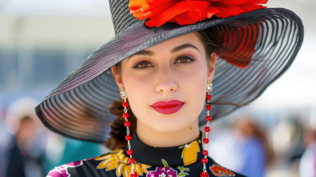 A stunning portrait of a fashionable woman featuring a stylish hat adorned with a large red flower. Her vibrant makeup and elegant earrings complement her cheerful expression at an outdoor event.の素材