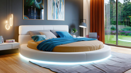 This modern bedroom showcases a round bed with a stylish design, illuminated by soft lighting, creating a serene and inviting atmosphere.の素材