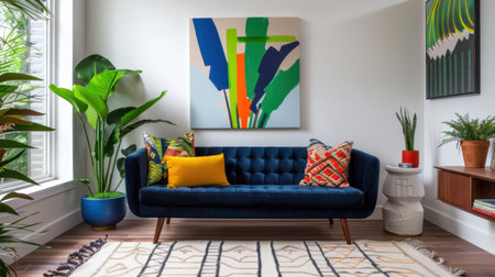 A stylish modern living room featuring a blue couch adorned with colorful pillows, an abstract art piece, and lush indoor plants, creating a warm and inviting atmosphere.の素材