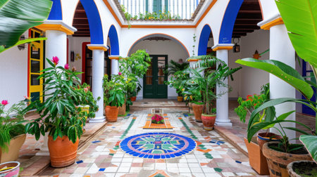 This vibrant courtyard showcases a beautiful arrangement of tropical plants, decorative tiles, and traditional Mexican architecture, offering a serene escape.の素材