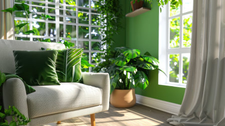 A warm and inviting living room adorned with various indoor plants and soft green accents, featuring large windows that flood the space with natural light.の素材