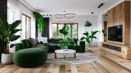 This modern living room features a stylish arrangement of furniture and vibrant green plants, creating a cozy and inviting atmosphere for home relaxation.の素材