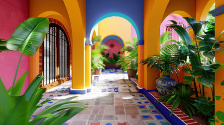 A stunning courtyard scene filled with vivid colors and lush plants, creating an inviting environment perfect for relaxation and tranquility.の素材