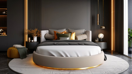 A beautifully designed modern bedroom featuring a circular bed with elegant textiles, ambient lighting, and stylish decor elements for a serene atmosphere.の素材