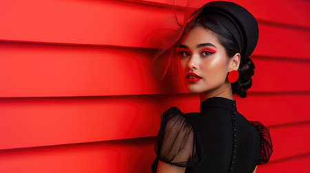A stylish young woman poses elegantly against a striking red background. Her bold makeup and chic accessories enhance her fashion-forward look, capturing modern beauty.の素材