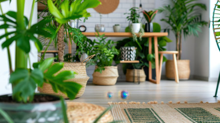 A bright and inviting indoor living area featuring lush greenery, stylish furniture, and natural decor elements that create a fresh and calming atmosphere.の素材