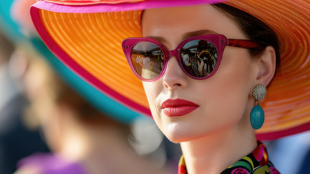 A fashionable woman displays elegance with oversized sunglasses and a vibrant sun hat at an outdoor summer event. The image captures a charming moment filled with color and style.の素材