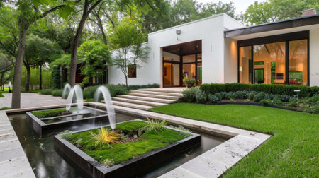A stunning modern home showcases a serene outdoor environment with elegant water fountains and lush landscaping, creating a tranquil retreat.の素材