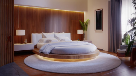This modern bedroom interior features a unique round bed with elegant lighting and cozy textiles, ideal for creating a relaxing and stylish atmosphere.の素材