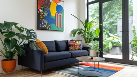 This modern living room features a stylish couch, vibrant artwork, and an array of lush indoor plants, creating a cozy and inviting atmosphere filled with natural light.の素材