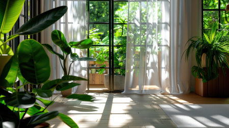 A serene indoor scene featuring vibrant plants bathed in natural light, creating a peaceful ambiance that promotes relaxation and well-being.の素材