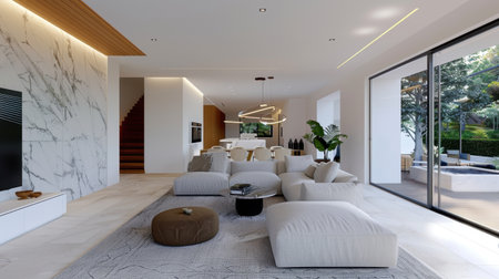 A modern and spacious living room featuring a cozy white sofa, elegant decor, and large windows that invite natural light and showcase a lush outdoor area.の素材