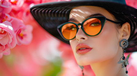 This artistic portrait captures a beautiful woman wearing fashionable sunglasses and a wide-brimmed hat, set against a stunning backdrop of pink flowers.の素材