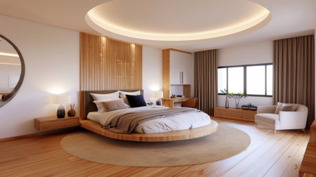 A sleek and modern bedroom featuring a unique round bed, warm wooden accents, and ample natural light. Perfect for contemporary living spaces.の素材