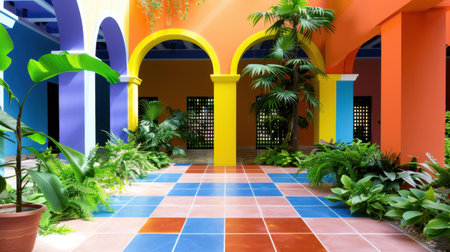 Experience a vibrant indoor garden showcasing colorful arches and lush greenery. This space combines modern design with nature, creating a serene and inviting atmosphere.の素材