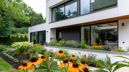 A stunning modern house with large windows surrounded by a vibrant garden filled with colorful flowers, creating a serene outdoor living space.の素材