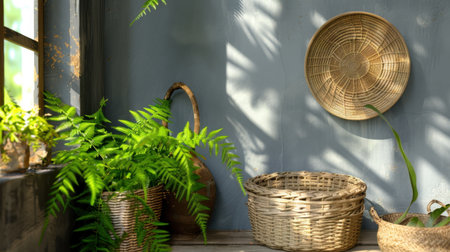 Serene indoor scene featuring vibrant green ferns and handcrafted baskets arranged on a rustic wooden shelf. Sunlight casts gentle shadows, creating a warm atmosphere.の素材