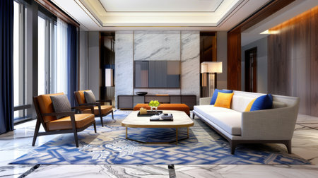 This modern living room showcases a blend of elegance and comfort with stylish furniture, vibrant colors, and sophisticated decor, creating a warm ambiance.の素材