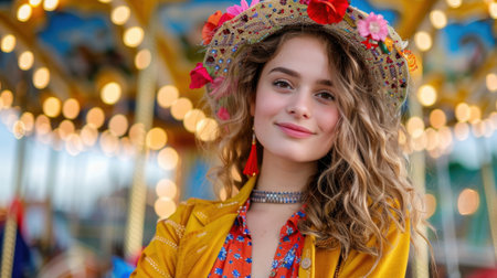 A cheerful young woman with curly hair poses confidently with a colorful hat at an amusement park carousel, radiating joy and summer vibes amidst soft bokeh lights.の素材