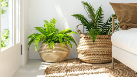 A bright indoor living space showcasing lush green fern plants in natural wicker baskets, creating a serene and inviting atmosphere perfect for relaxation.の素材