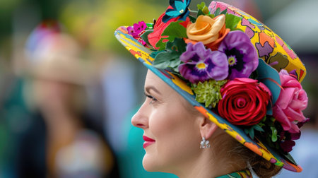 A captivating portrait of a woman wearing a stunning floral hat decorated with vibrant flowers and butterflies, embodying elegance at a festive outdoor event.の素材