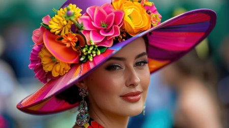 A stunning woman showcases a vibrant hat adorned with colorful flowers, complemented by elegant earrings. The outdoor setting captures a joyful and fashionable atmosphere.の素材