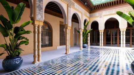 This stunning Moroccan courtyard beautifully showcases intricate tilework and elegant arches, creating an inviting space filled with natural light and lush plants.の素材