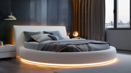 A stunning circular bed set in a modern bedroom, featuring soft lighting and elegant decor, inspiring comfort and luxury in interior design.の素材