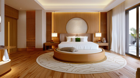 A stylish modern bedroom showcasing minimalist design with wooden accents and soft lighting, ideal for creating a serene and inviting atmosphere.の素材