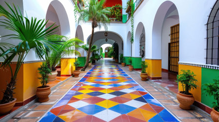 Explore a vibrant courtyard featuring geometric tile patterns and lush greenery. This tranquil indoor space combines color, design, and beauty, creating an inviting atmosphere.の素材