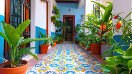 This captivating indoor pathway showcases a vibrant tile design bordered by lush green plants, creating a serene and inviting atmosphere in a sunny courtyard.の素材