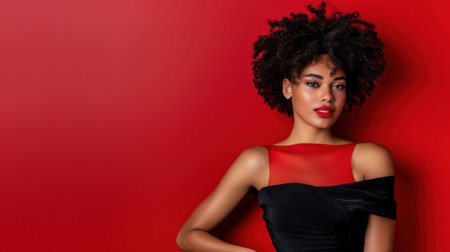 A stunning portrait of a woman with curly hair, wearing a stylish black dress, poses elegantly against a vibrant red background, showcasing confidence and grace.の素材