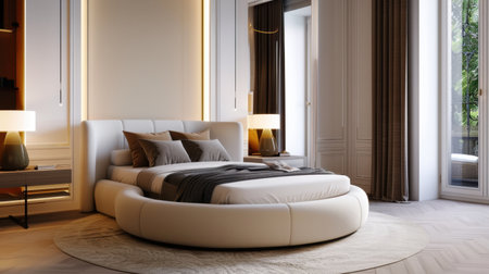 A stylish modern bedroom featuring a luxurious round bed, soft bedding, warm lighting, and an inviting atmosphere. Ideal for contemporary interiors.の素材