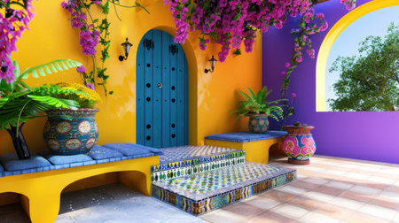 This image showcases a vibrant outdoor patio adorned with decorative tiles and colorful bougainvillea, creating a cheerful and inviting atmosphere.の素材