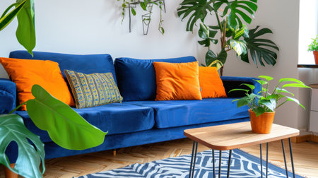 A vibrant living room featuring a cozy blue couch adorned with bright orange cushions, surrounded by lush houseplants, creating a stylish and inviting space.の素材