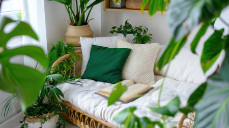This inviting indoor seating area features a cozy couch surrounded by vibrant greenery and decorative cushions, perfect for relaxing with a book.の素材