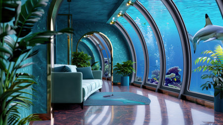 A stunning modern living room set beneath the sea, featuring panoramic windows showcasing vibrant marine life, plush seating, and lush greenery.の素材
