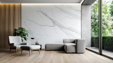 A beautifully designed modern minimalist living room featuring light colors, elegant furniture, and natural lighting. This serene space showcases a marble wall, large windows, and lush greenery, creating an inviting atmosphere ideal for relaxation and stylish living.の素材