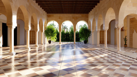 Stunning architectural interior showcasing elegant arches and tiled floors, filled with natural light and lush greenery, perfect for relaxation and tranquility.の素材