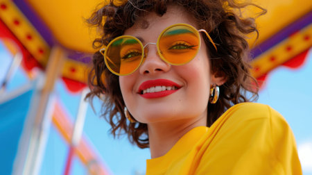 A cheerful young woman showcases her lively personality with bright sunglasses and a big smile at a colorful carnival, radiating joy and warmth.の素材