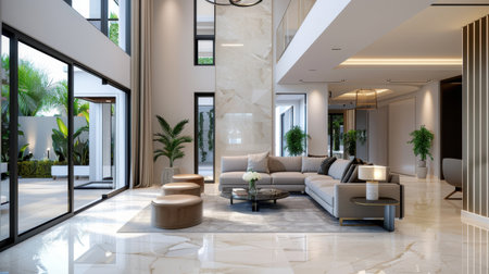 A stunning modern living room featuring elegant and ample natural light. The space showcases stylish furniture, marble floors, and indoor plants, creating a serene and inviting atmosphere. Ideal for showcasing contemporary design in upscale residential settings.の素材