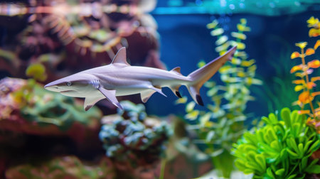A stunning image of a shark gliding gracefully through a lively aquarium, surrounded by colorful plants and coral, showcasing the beauty of marine life.の素材