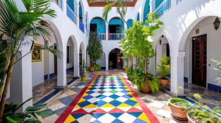 This vibrant courtyard features colorful geometric tiled floors and lush greenery, showcasing traditional architecture in a stunning outdoor setting.の素材