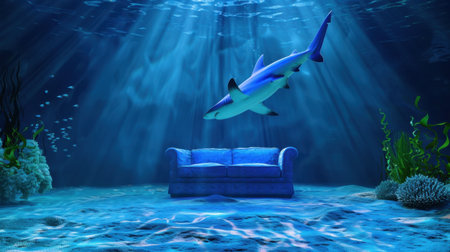 A captivating underwater scene featuring a shark swimming gracefully above a cozy couch, surrounded by vibrant coral and soft light rays, creating a surreal atmosphere.の素材