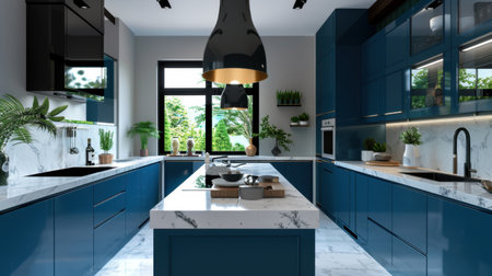 A stylish modern kitchen featuring rich blue cabinetry, elegant marble countertops, and vibrant greenery, creating a bright and inviting cooking space.の素材